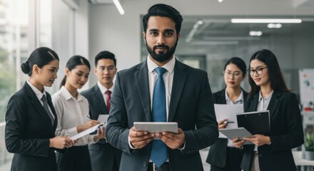 Successful Business Team Leader Using Tablet - A team of diverse professionals working together, symbolizing collaboration, success, technology, leadership, and growth