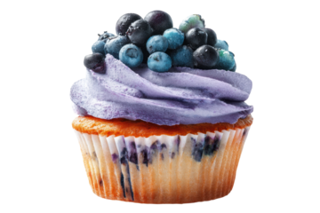 Blueberry cupcake with purple frosting and fresh berry topping, cut out