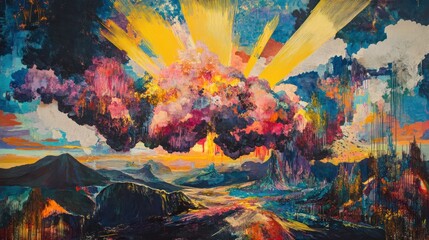 Fototapeta premium Colorful sunrise over surreal mountains; vibrant cloudscape; fantasy art; ideal for album art