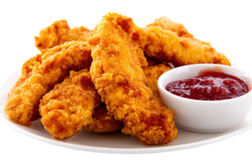 Crispy chicken tenders with dipping sauce on white plate, cut out