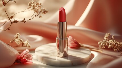 Romantic setting with pink lipstick on marble surface and flowers
