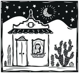 Cute little house typical of the interior of the country, cacti and stars. Illustration in the style of woodcut, northeastern cordel. Vector illustration.eps