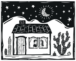 Cute little house with a couple in love at the window. Cactus and starry night. Illustration in the style of woodcut, northeastern cordel..eps