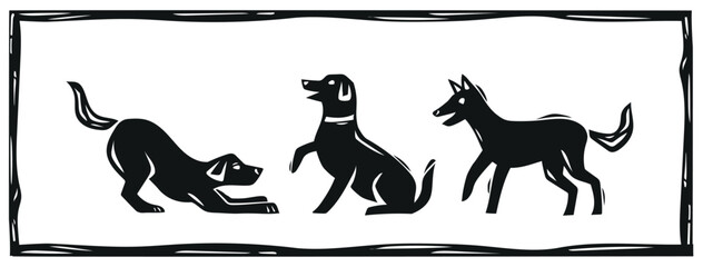 Set of dogs drawn in the style of woodcut, doodle. silhouette, vector illustration..eps