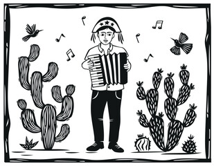 Musician playing the accordion, cacti and birds. Woodcut in the style of Brazilian cordel. Vector illustration..eps