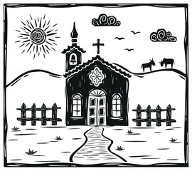 small church in a rural landscape. chapel. Illustration in the style of Brazilian woodcut, northeastern cordel. Vector illustration.eps