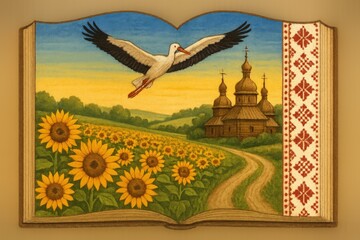 Obraz premium Stork flying over sunflowers and a wooden church at sunset in a picturesque landscape