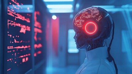 Naklejka premium Futuristic AI humanoid viewing data in a high tech server room