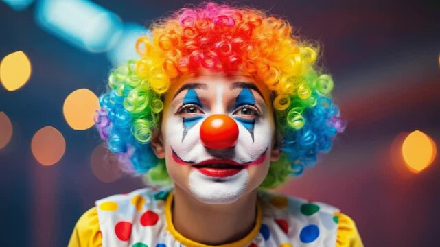 Joyful Clown: A jovial clown with a colorful rainbow wig and a signature red nose smiles gleefully, embodying the spirit of fun and mirth in a vibrant and captivating image.