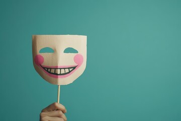 Conceptual Image of a Hand Holding a Smiling Mask Against a Blue Background