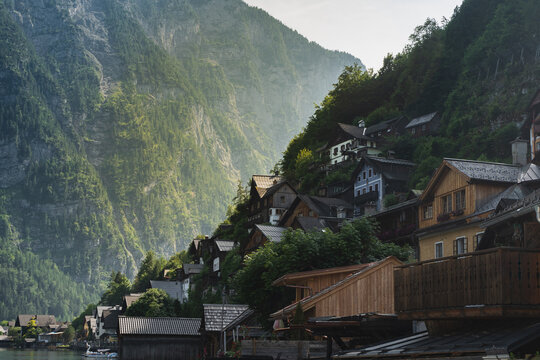 Small mountain town of Hallstatt by the lake in the Austrian Alps. 