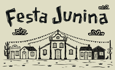 Colorful poster for FESTA JUNINA. Illustration in the style of a northeastern woodcut with a village of houses and a church..eps