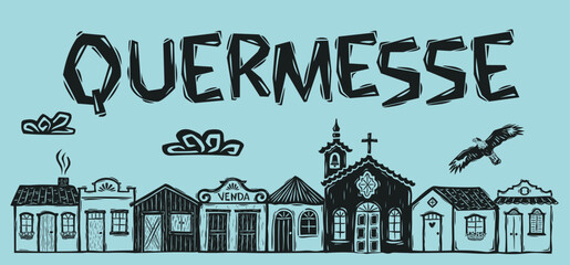 Colorful poster for QUERMESSE. Illustration in the style of a northeastern woodcut with a village of houses and a church..eps