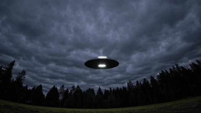 Flying UFO hovering over dark forest at night under dramatic stormy clouds, mysterious sci-fi footage