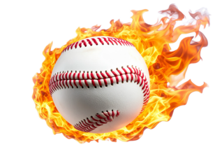 Burning baseball ball flying with flames isolated on white and transparent background, cut out png