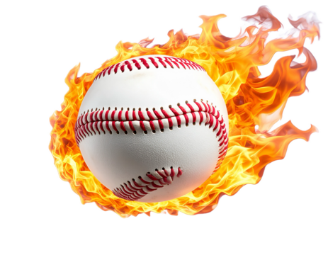 Burning baseball ball flying with flames isolated on white and transparent background, cut out png