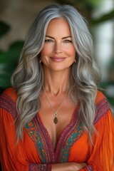 Naklejka premium Confident Mature Woman with Long Gray Hair in Vibrant Dress Smiling Outdoors