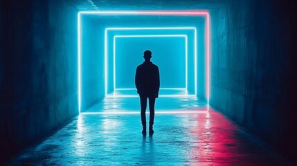 Obraz premium Silhouette figure in neon tunnel