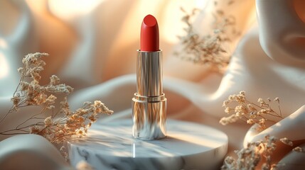 Elegant Red Lipstick on Marble Surface with Soft Fabric Background