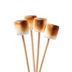 Four toasted marshmallows on wooden skewers, a sweet treat for a campfire isolated on transparent background