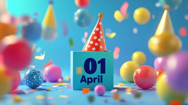 April 1st celebration. Colorful balloons and confetti