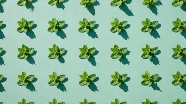 Aerial view of vibrant mint plants arranged in a neat pattern on a light background, showcasing their lush green leaves and shadows, ideal for botanical or gardening themes