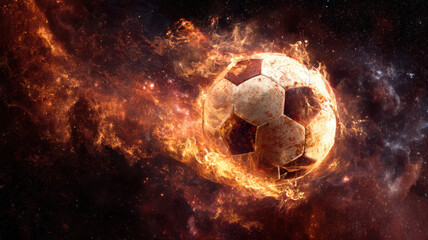 Football in Flames on Dark Futuristic Field a high-tech concept illustration representing global communication, data flow, and digital connectivity in a modern networked world.
