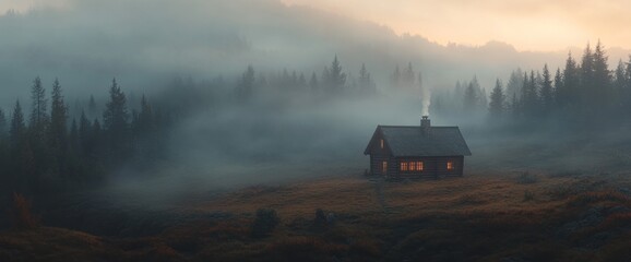 Fototapeta premium Misty Mountain Cabin: A Serene Escape in the Foggy Wilderness