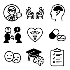 A set of doodle line icons focused on mental health, therapy sessions, brain care, emotions, medication, diagnosis, and psychological support