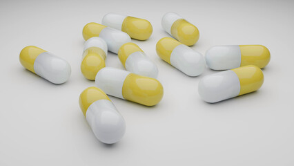 複数の散らばっている薬のカプセルのイメージ　3D・レンダリング　黄色／イエロー