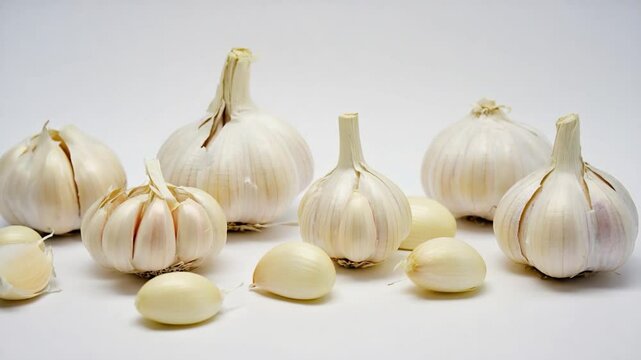 Fresh garlic bulbs and cloves arranged on a clean background, showcasing their texture and natural color
