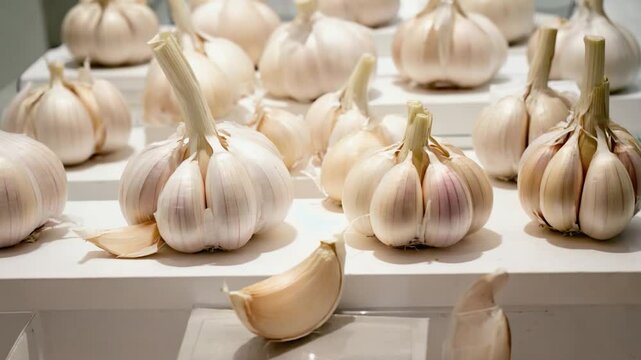 Fresh garlic bulbs displayed on a white shelf in a market setting