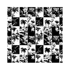 Fototapeta premium Retro hand drawn tropical summer seamless pattern. Traditional patchwork style background illustration. Vintage exotic nature textile print, jungle animal texture with elephant, flower, palm tree. 