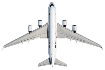 Commercial Airliner Top-Down View – Wide-Body Jet with Twin Engines and Clean Design Isolated on Transparent Background
