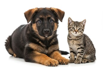 Adorable German Shepherd Puppy and Kitten Friends Best Friends Sweet Animals White Background Lovely