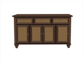 Classic Wooden Sideboard with Three Drawers and Four Cabinet Doors, Traditional Storage Buffet for Dining Room or Living Room, Isolated on White Background Illustration

