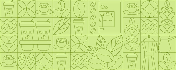 Geometric coffee and tea pattern in minimalist style. Abstract print background with simple shapes for coffee shop, food packaging, cafe wall, menu.
