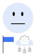 Neutral face conveying emotionless state, paired with cloud, gear, flag, and files for system workflow, organization, and goal setting. Ideal for process, automation efficiency technology mood