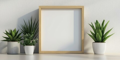 a blank picture frame on a shelf with green plants in white vases against a white wall 