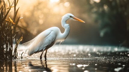 Obraz premium A white egret wading through shallow water in a marsh. Golden hour light and soft bokeh effects create a serene atmosphere.