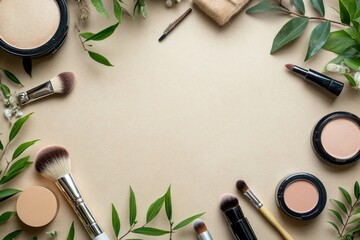 Makeup tutorial flat lay with written labels and products arranged, educational design, isolated on transparent background