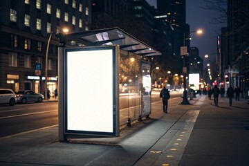 Blank white vertical digital billboard poster on city street bus stop sign at night. Street advertising bus stop mockup