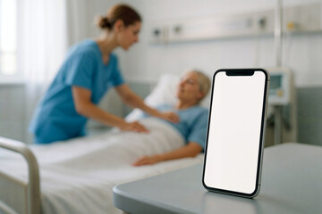 Teléfono móvil con pantalla en blanco en primer plano, con una enfermera atendiendo a una paciente en una cama de hospital desenfocada al fondo. Ideal para proyectos sobre salud y tecnología.