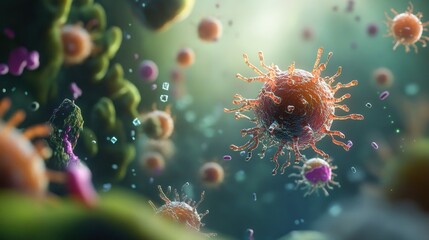 Fototapeta premium Microscopic view of various pathogens and cells