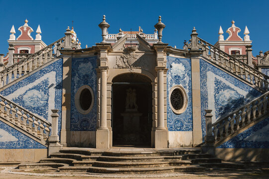 The elegant tiled facade of a historic palace in Portugal