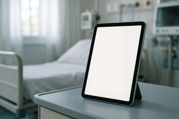 Tableta con pantalla en blanco sobre una mesa en un entorno hospitalario con una cama desenfocada al fondo. Ideal para proyectos sobre salud, tecnología y telemedicina