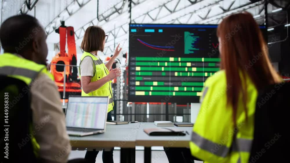 Aufkleber workers looking at production line control system dashboard
