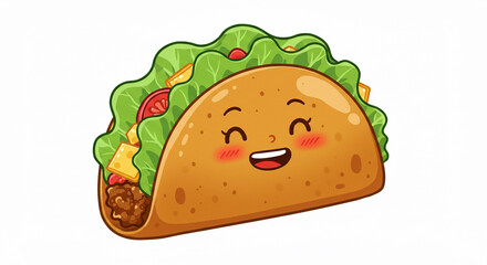 Cute Taco Cartoon Illustration with Smiling Face and Fresh Ingredients on White