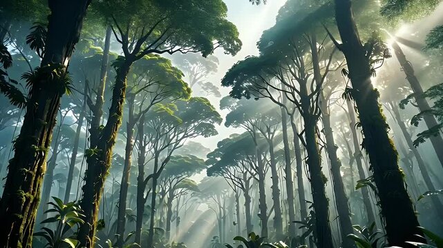 Sunlit Foggy Forest Path