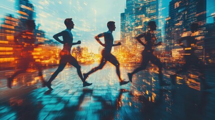 Three people run through a vibrant cityscape at dusk, highlighted by dynamic light trails and blurred urban motion.